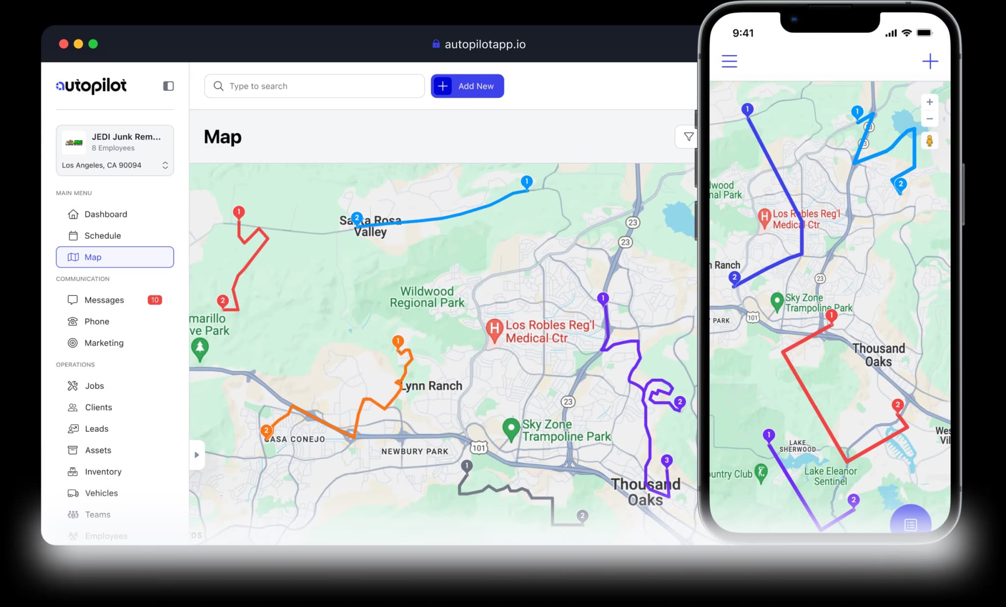 Autopilot map routing screen plotting the day's cleaning stops