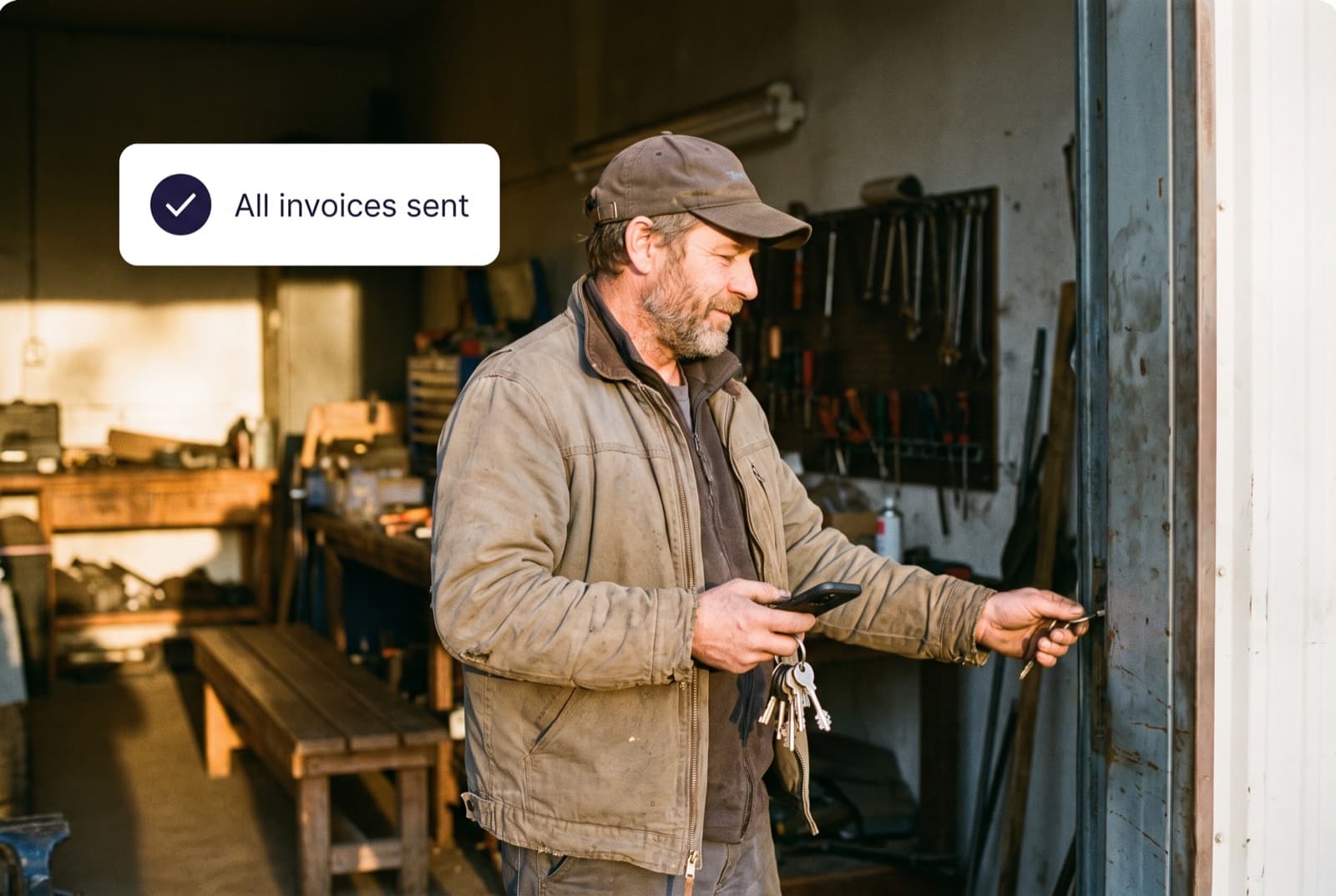 Business owner locking up his workshop on time while Autopilot confirms all invoices were sent