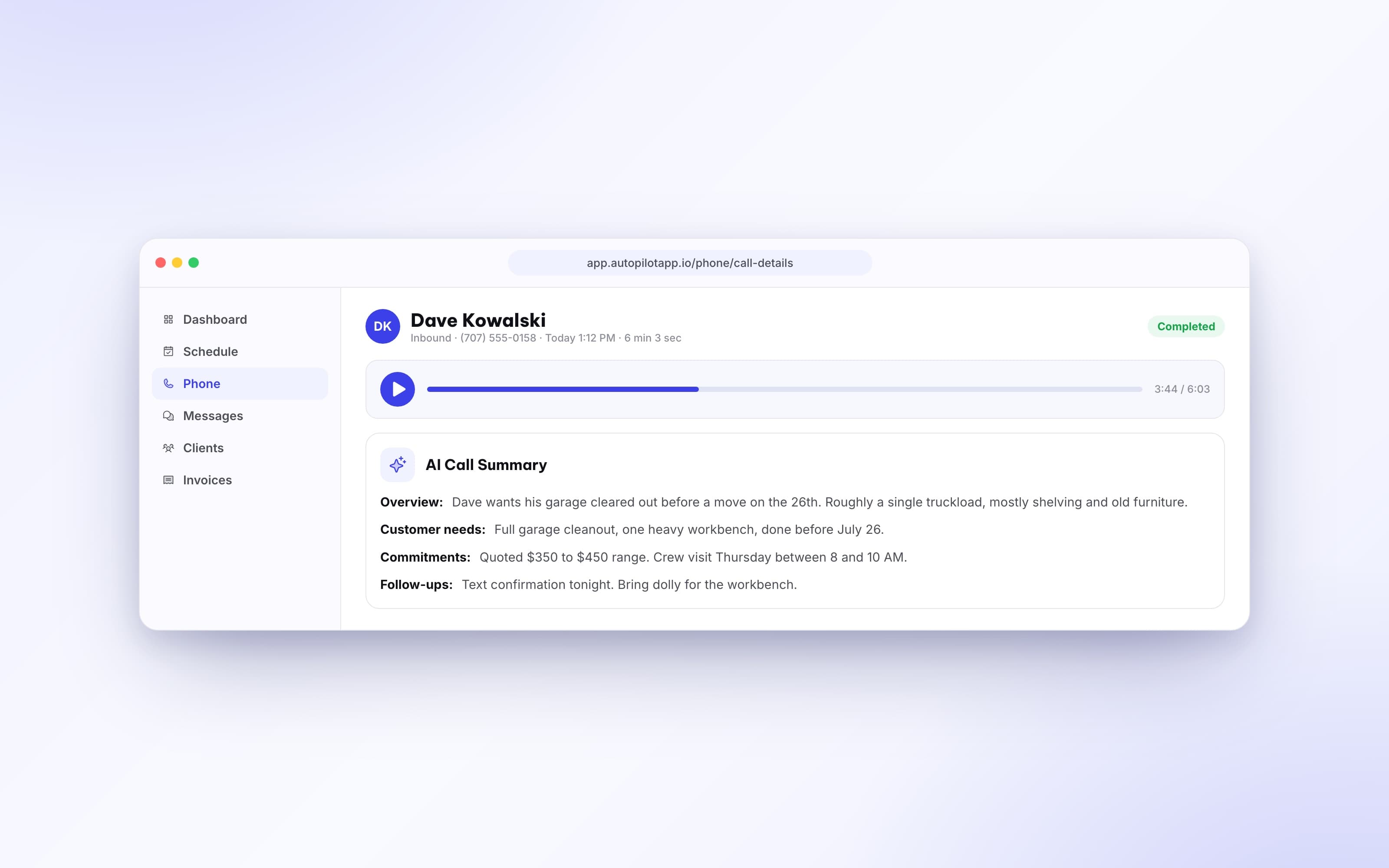 An AI generated summary and transcript of a recorded customer call