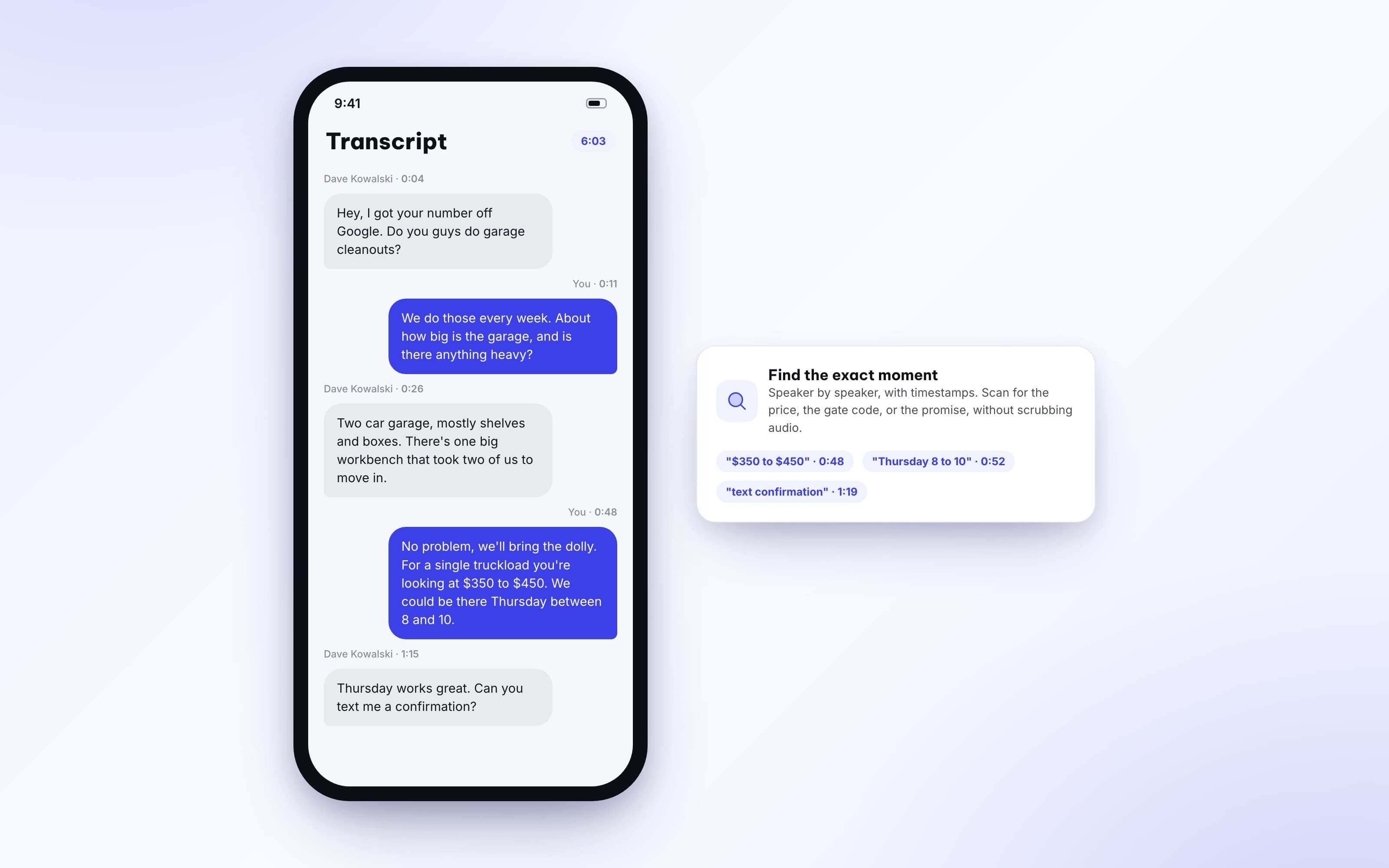 Speaker separated call transcript displayed like a message thread with timestamps