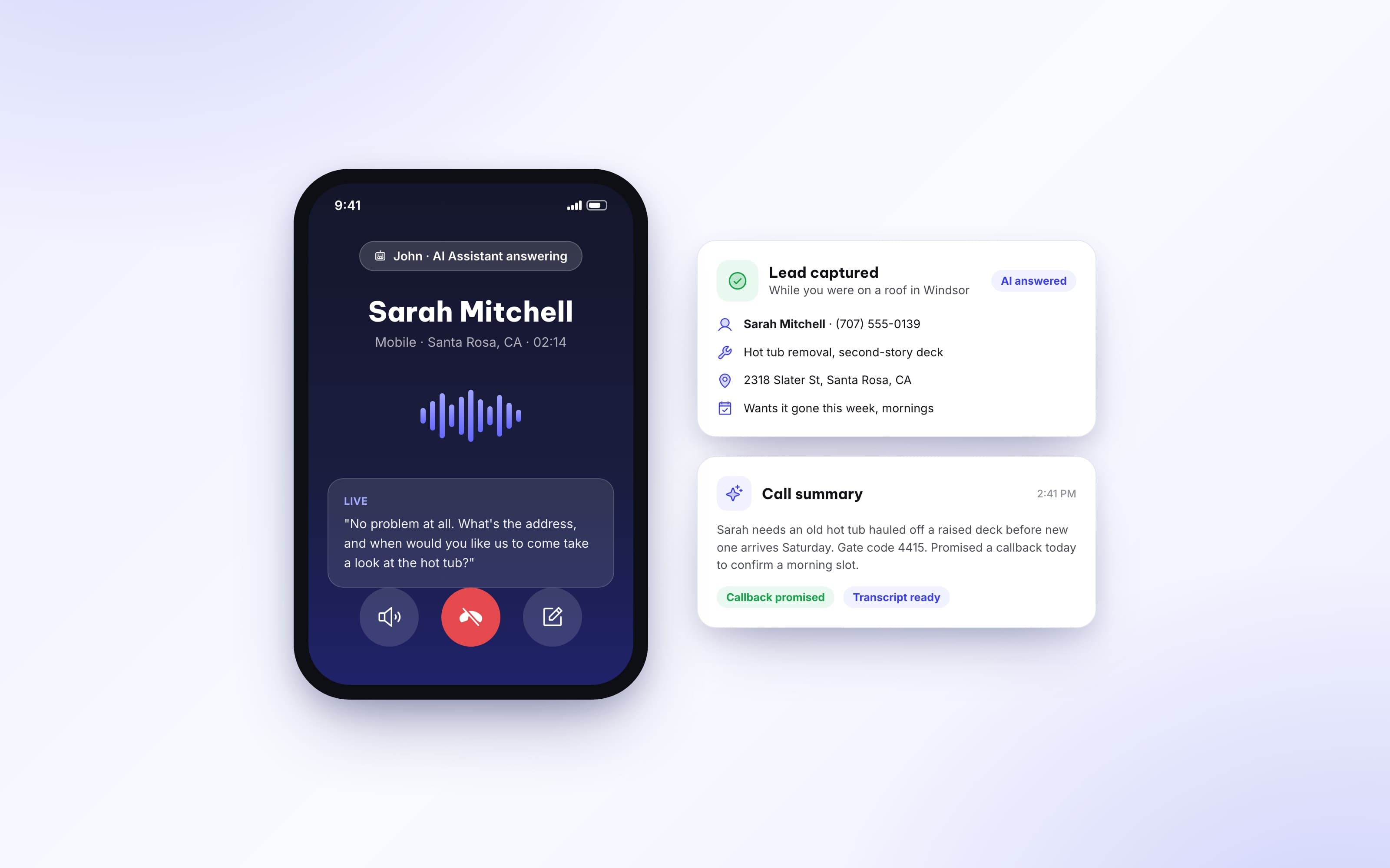 Autopilot AI receptionist answering a missed call, capturing the lead, and preparing a call summary
