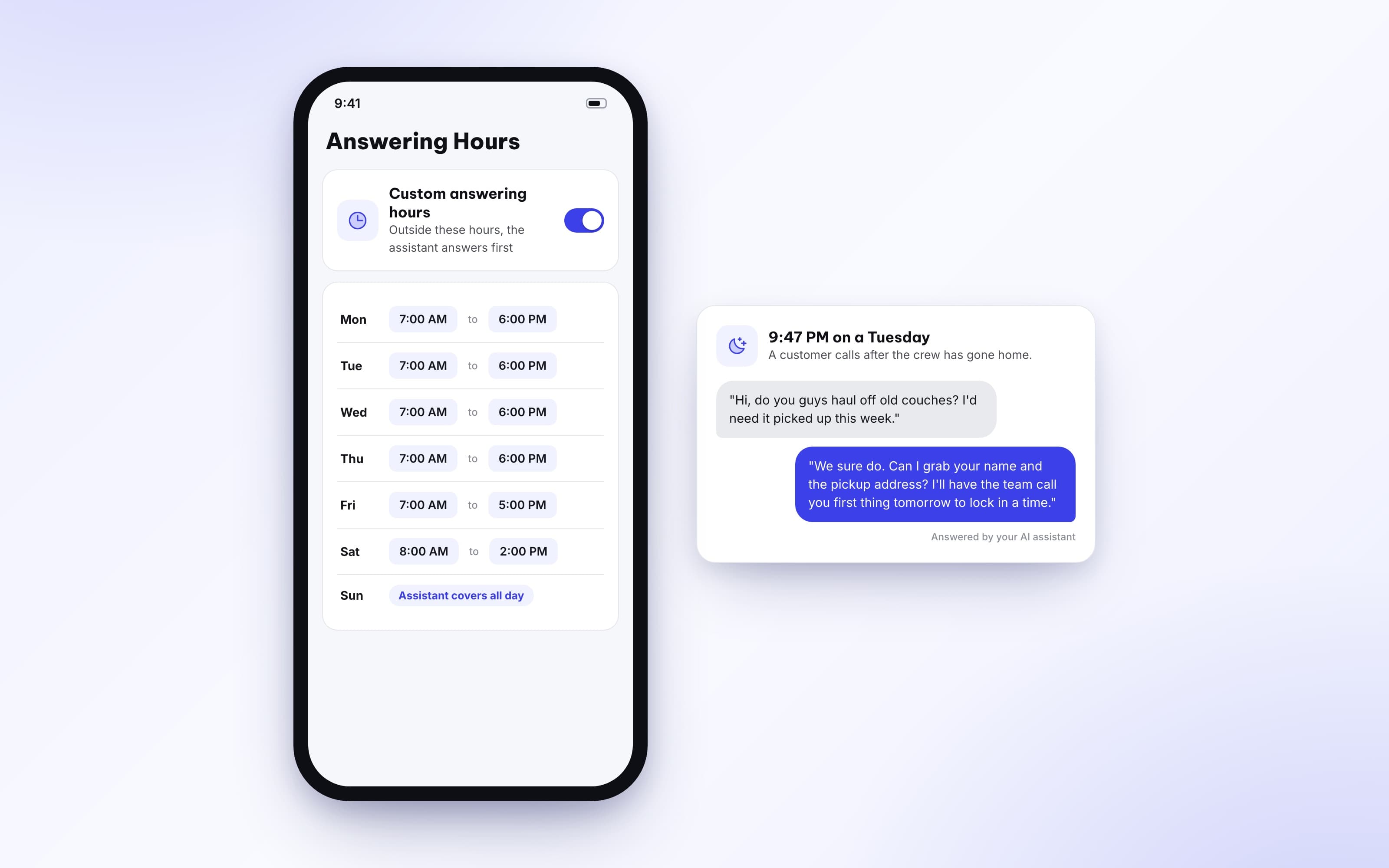 Assistant name and custom answering hours settings for the AI Voice Assistant