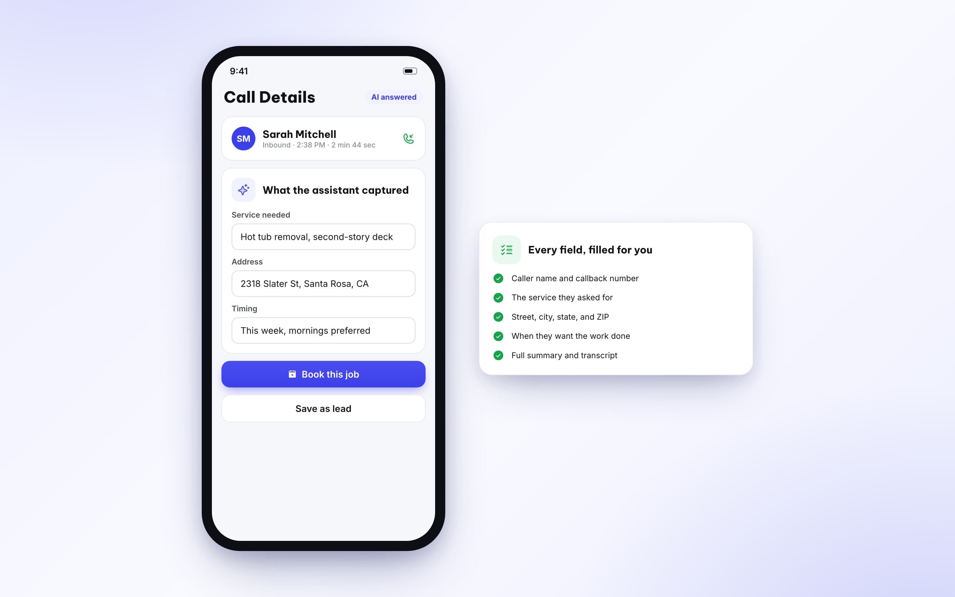 Captured lead details from an AI answered call including name, number, service, and address