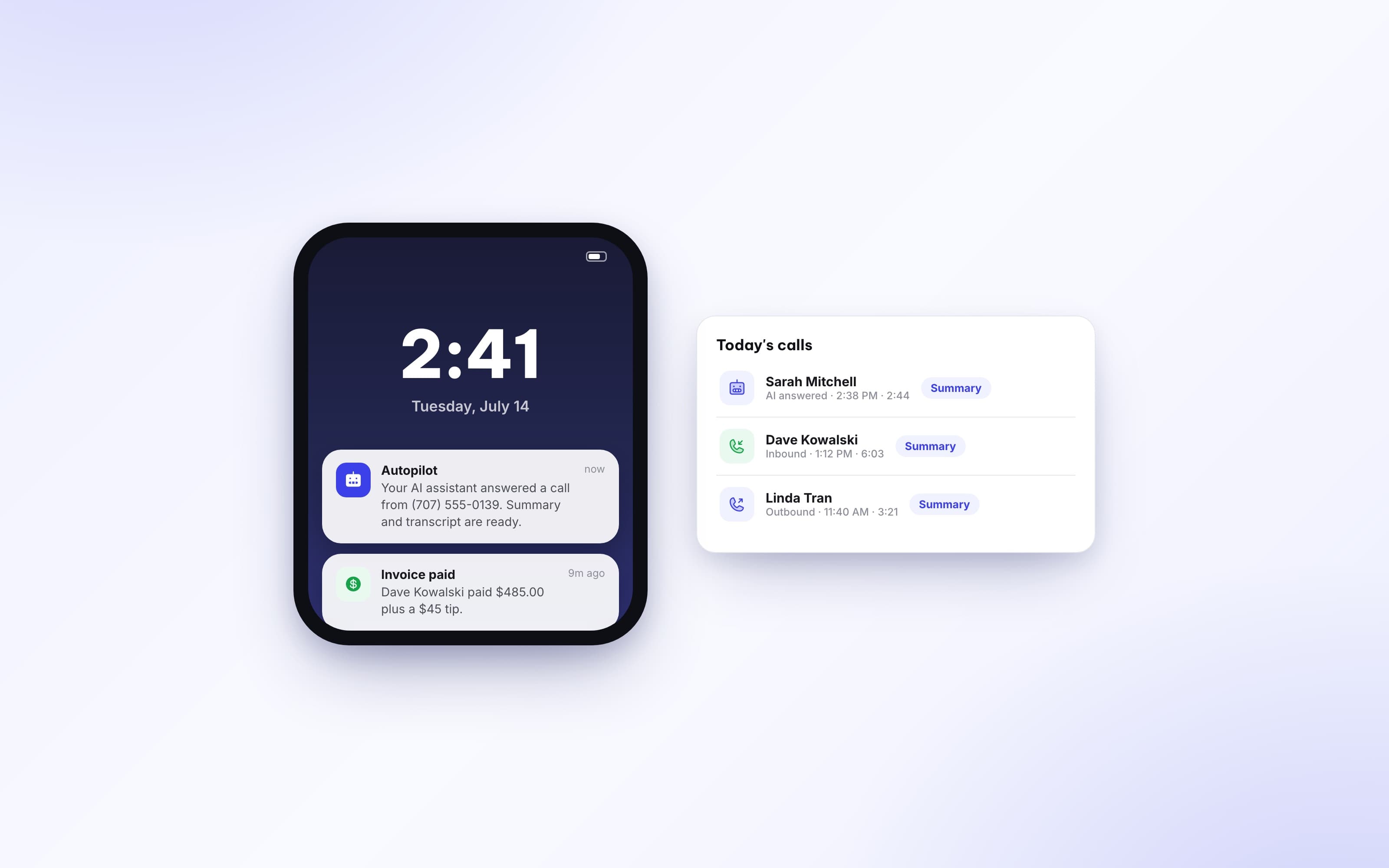Push notification and call history entry for a call answered by the AI assistant