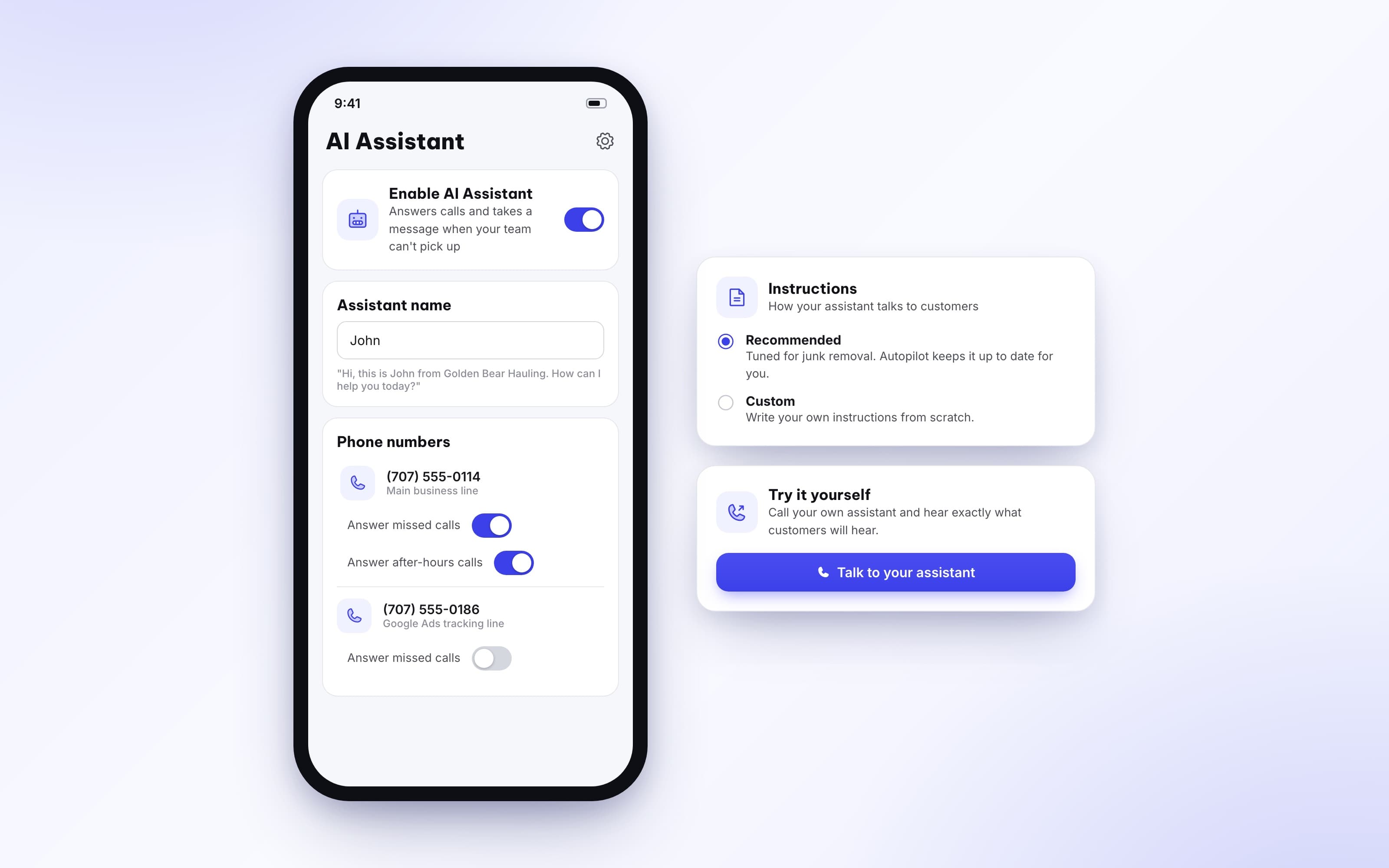 AI Voice Assistant settings showing missed call and after hours answering toggles per phone number