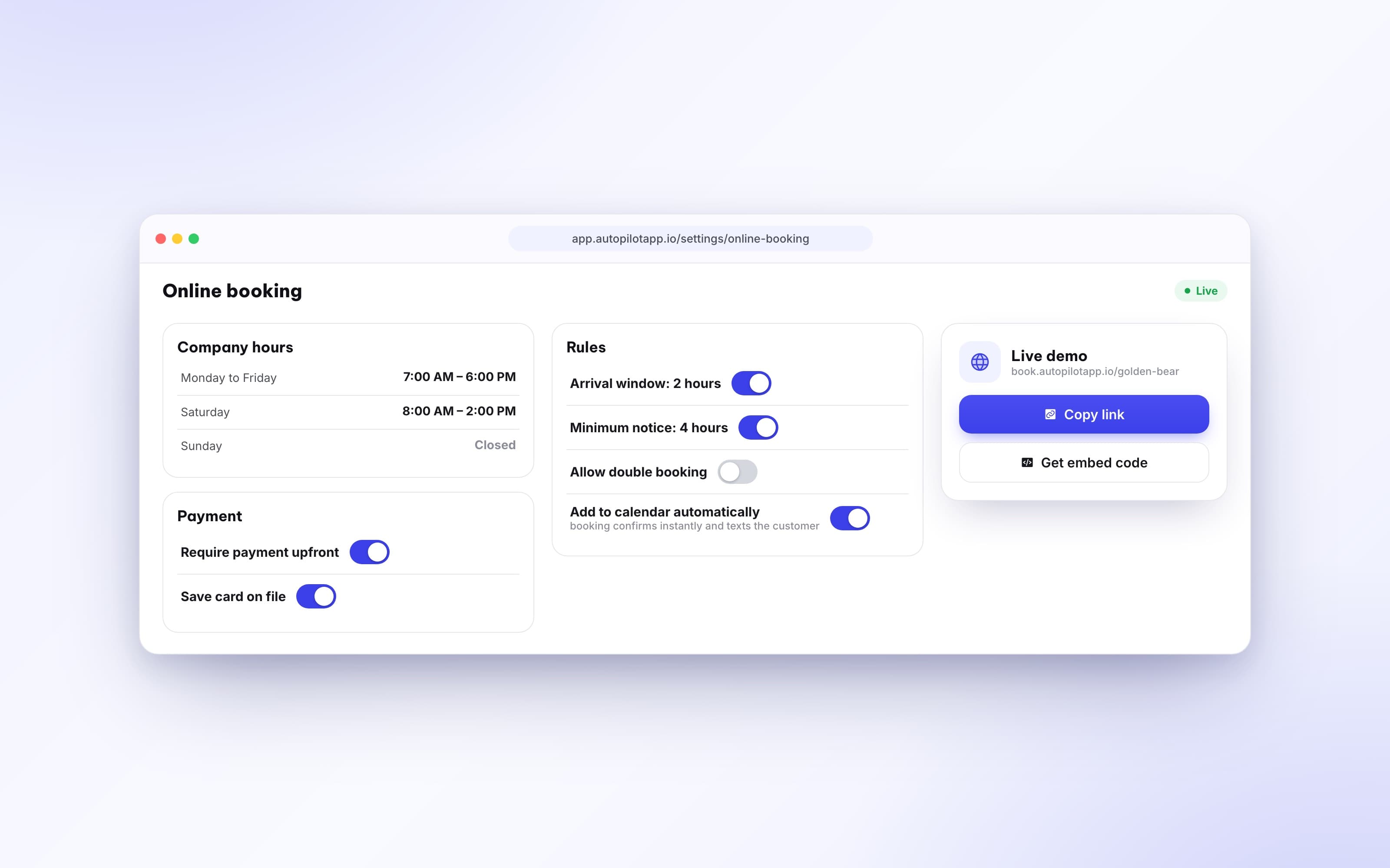 Copy link and embed code options for the hosted form