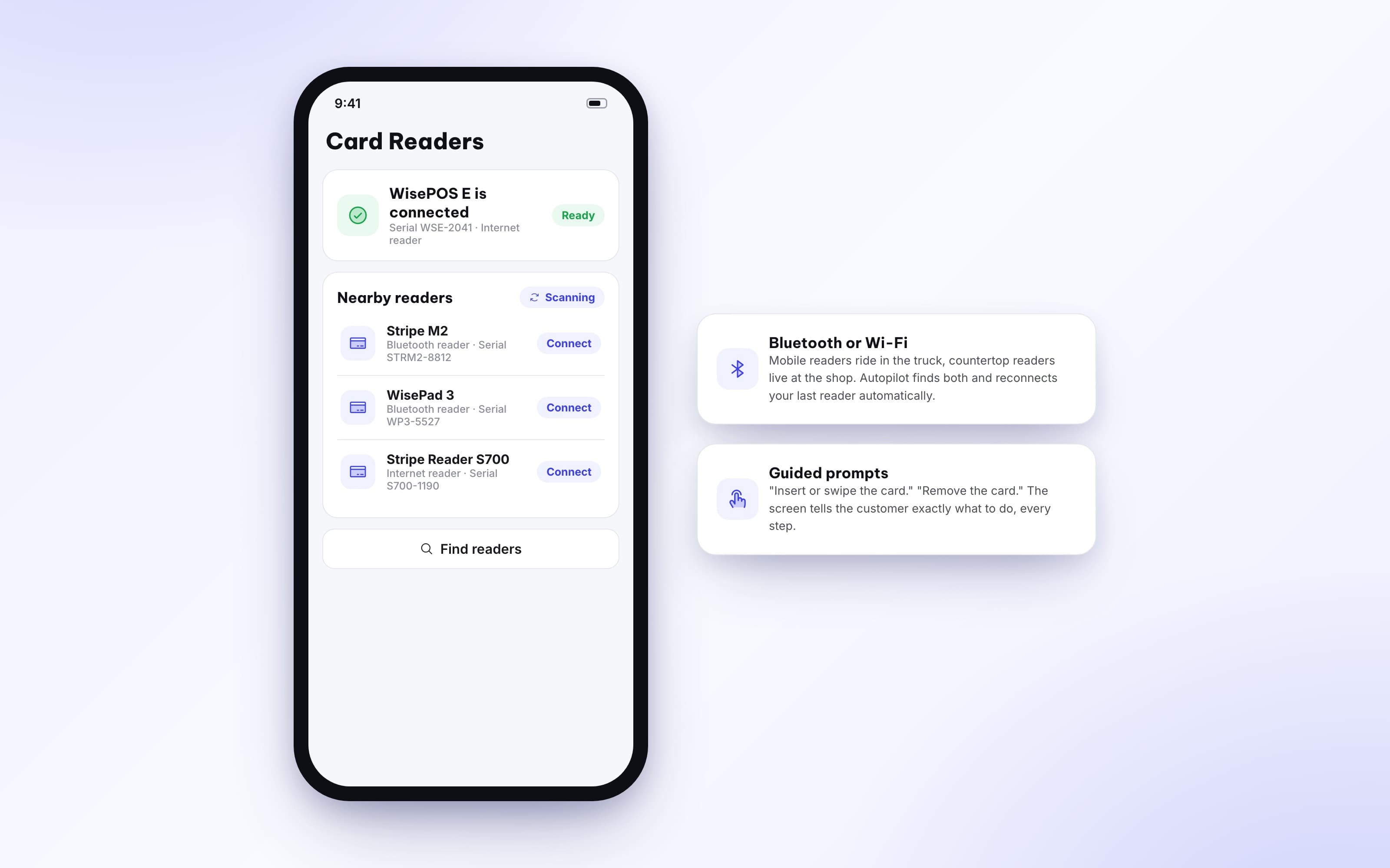 Card reader settings screen discovering nearby Stripe readers over Bluetooth