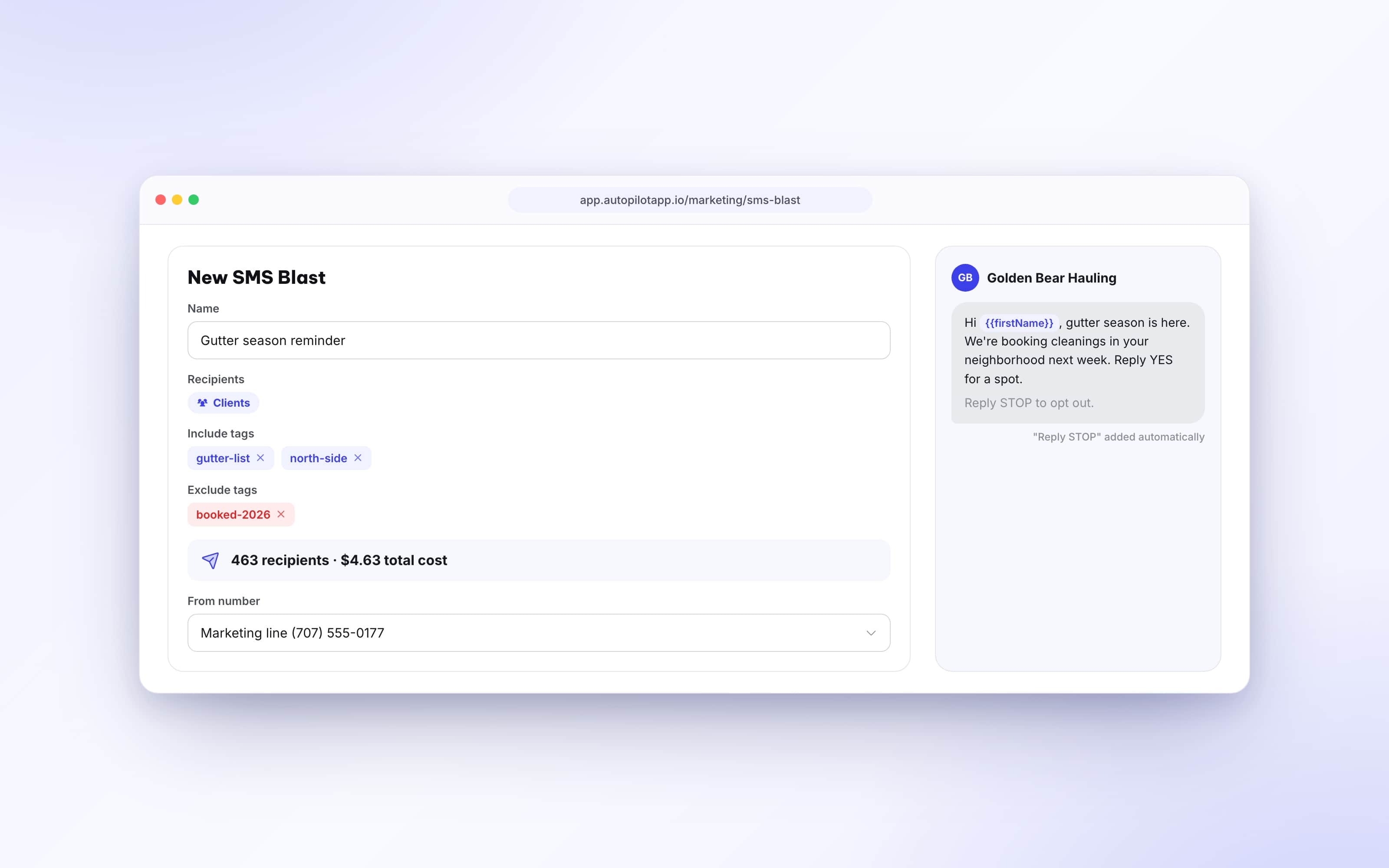 Autopilot SMS blast builder targeting 463 past customers with a gutter cleaning offer