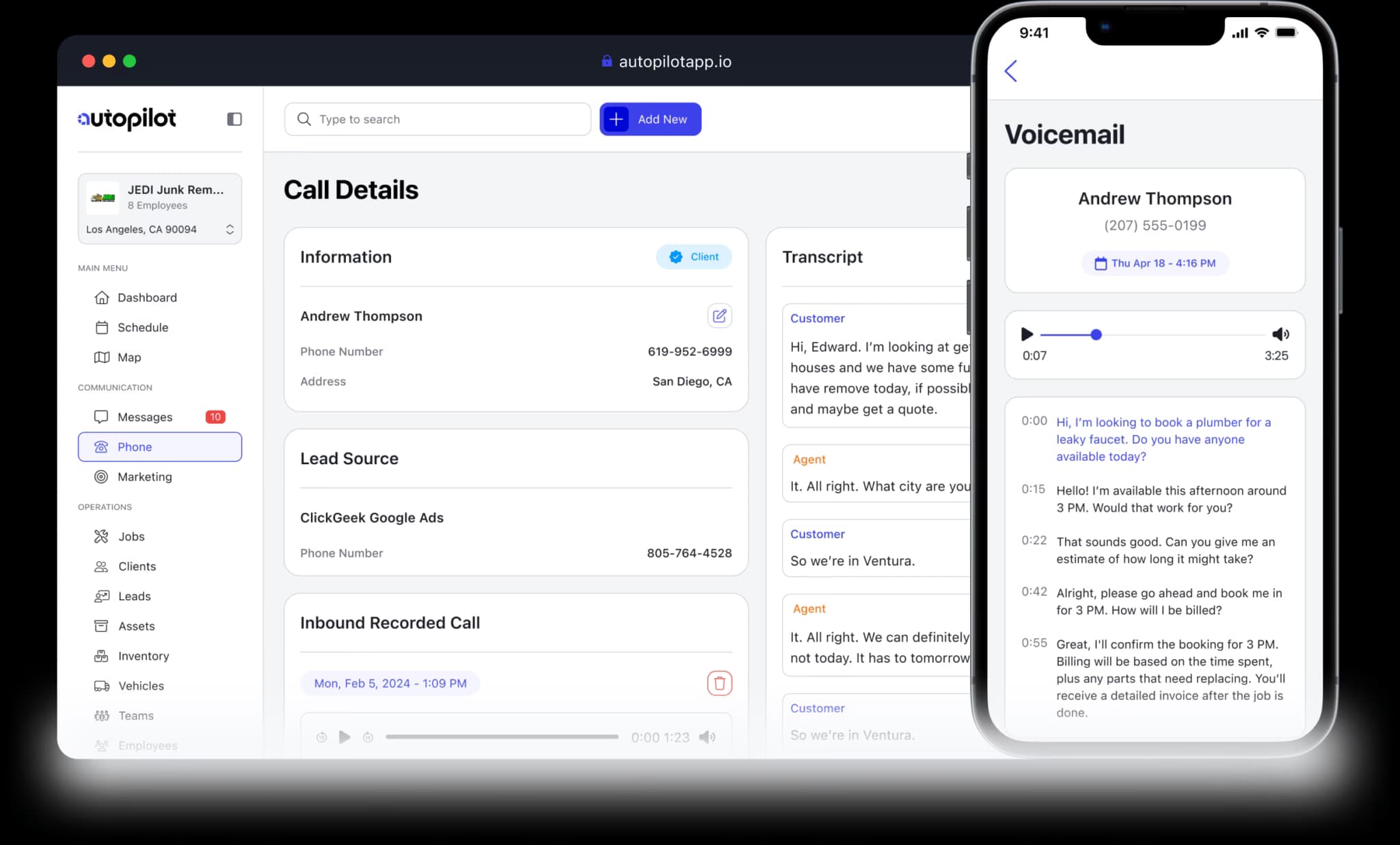 Autopilot app showing a call transcript alongside the call recording details
